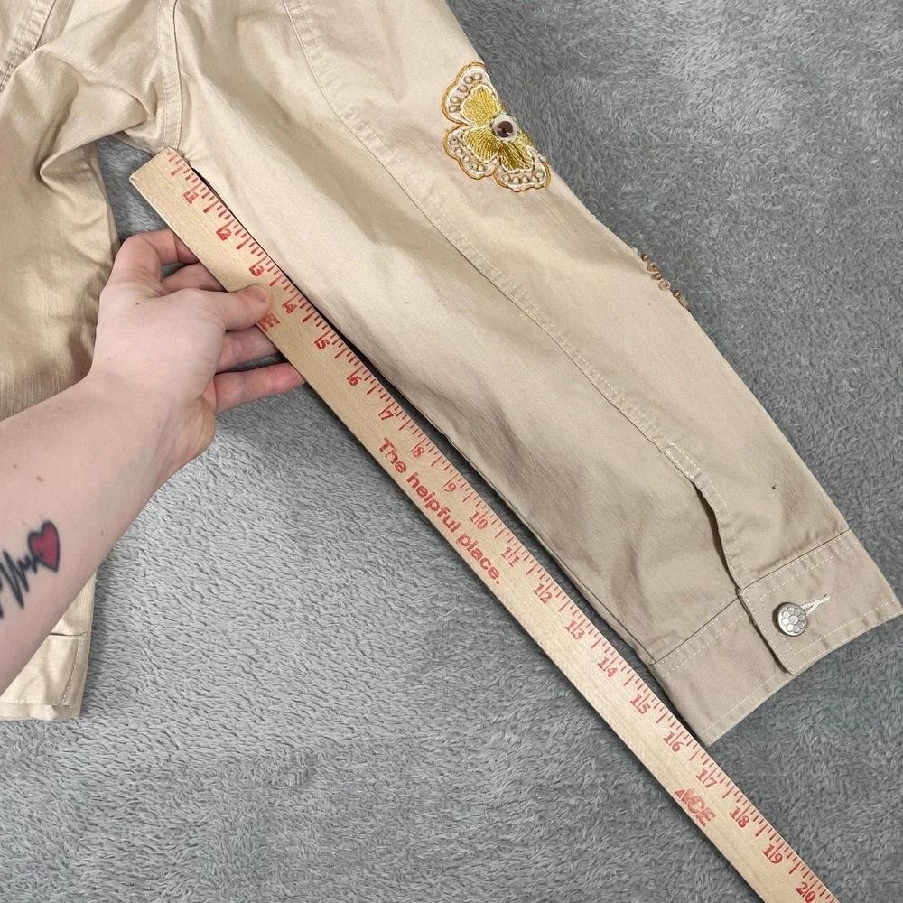 Graff Denim Jacket Womens Medium Tan Floral Embroidered Beaded Boho Art to Wear - Picture 7 of 8